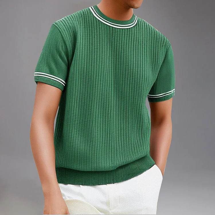 Retro Stripe Pattern Crew Neck Short Sleeve Knitted T-Shirt Okaywear