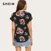 SHEIN Lady Black Roll Up Sleeve Flower Print Cap Sleeve Tee Top Women Summer Round Neck Casual Slim Fit Curve Hem T-shirts