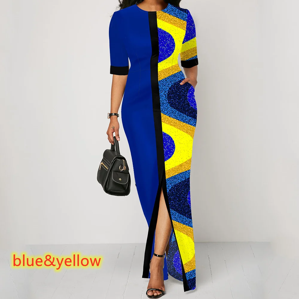 Fashion Print Contrast Women's Round Neck Long Skirt Dress with Middle Sleeves and High Waist