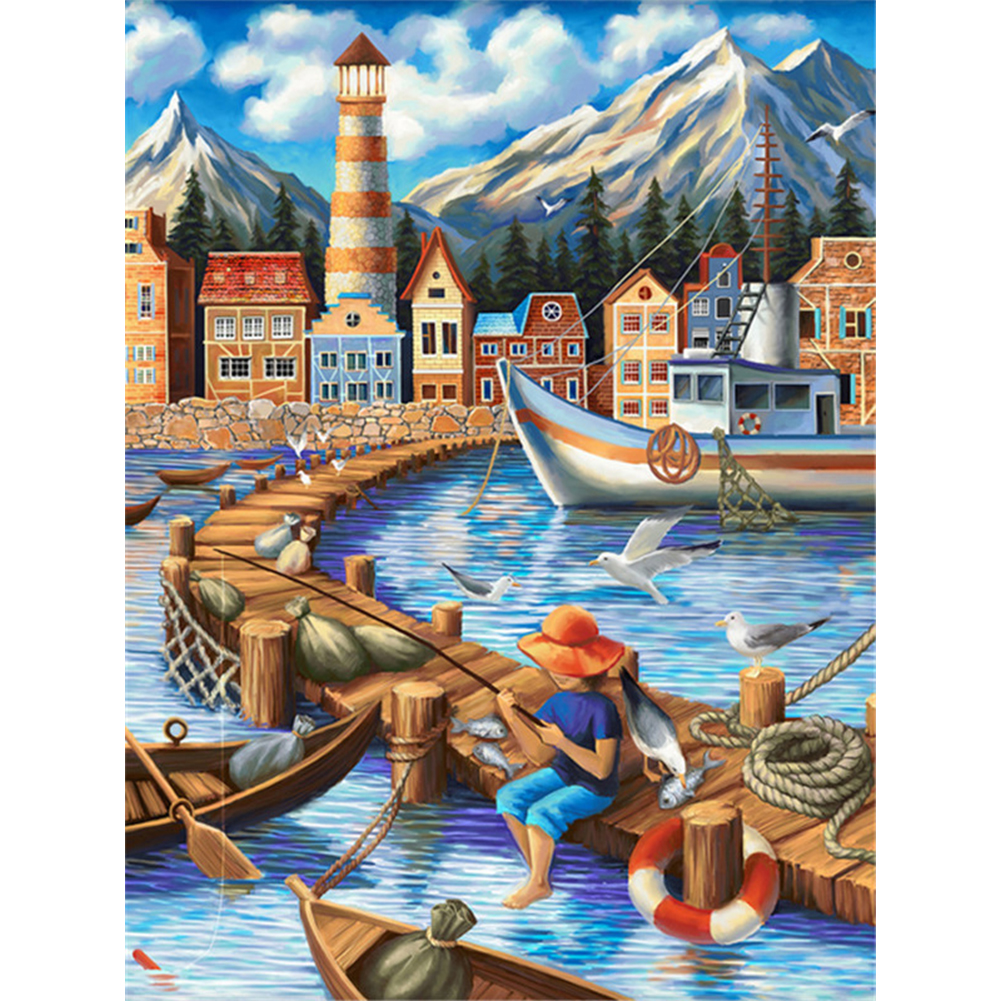 

30*40CM - Round Drill Diamond Painting - Fishing Children, 501 Original
