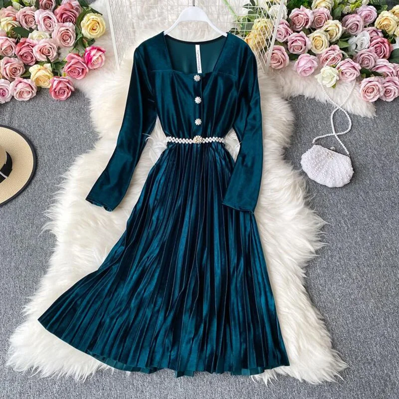 2020 autumn winter women dress vintage slim long-sleeved pleated velvet dresses ladies elegant square neck Party midi dress