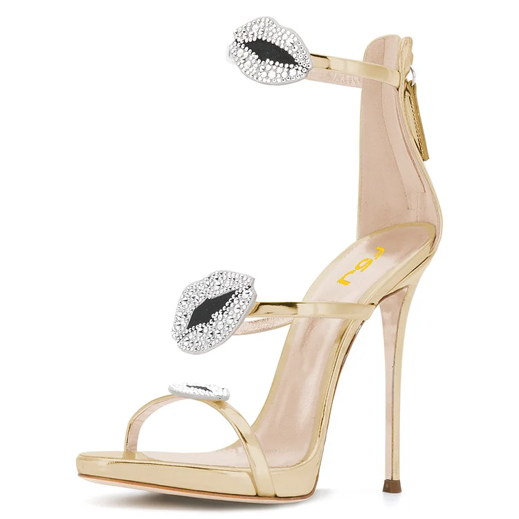 Gold Metallic Rhinestones Lips Tri Straps Ankle Strap Sandals |FSJ Shoes