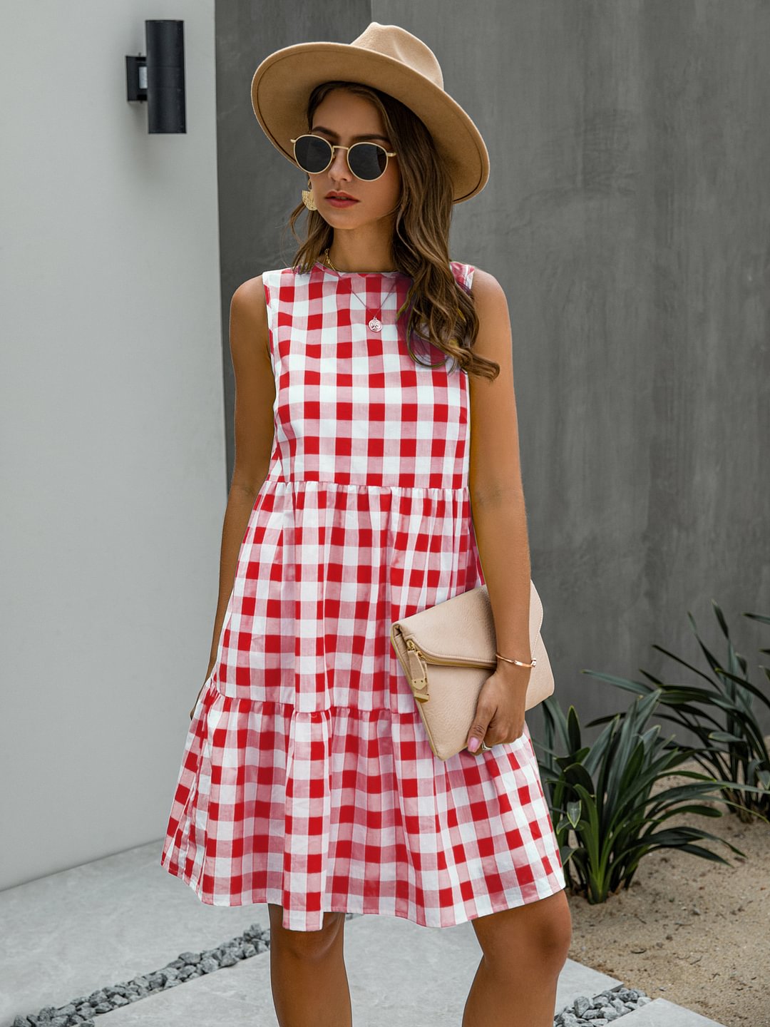 Fashion Round Neck Plaid Loose Female Plaid Dress Cake Skirt | EGEMISS