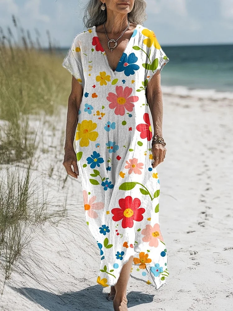 Women's Flowers Art Print Pocket Cotton Dress