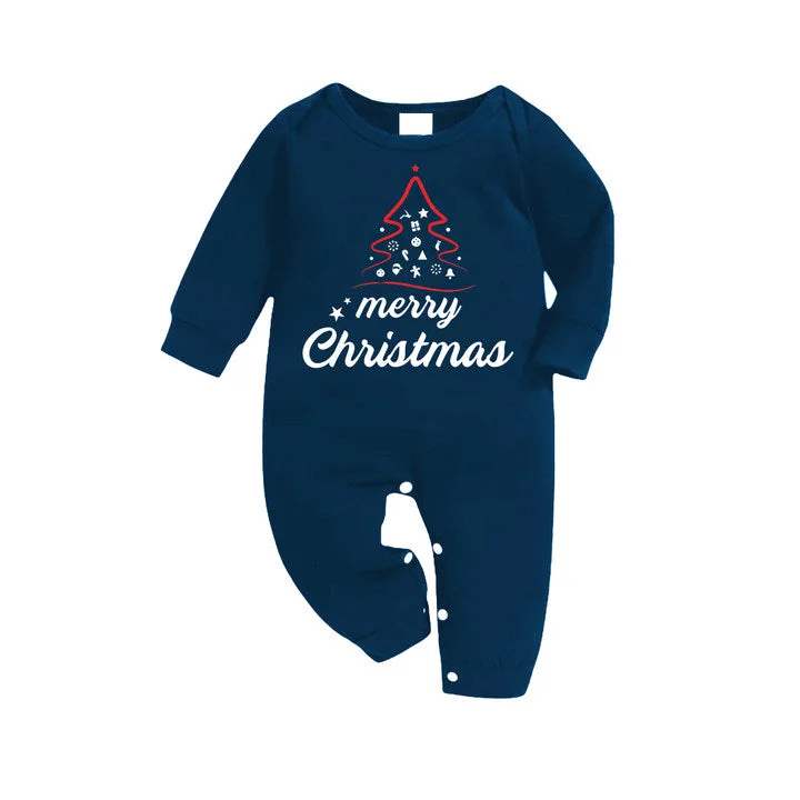 Red Christmas Tree Stick Figure - Blue Long Sleeve Top With Blue Plaid Family Matching Pajamas