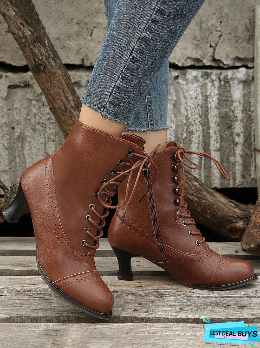 Lace-Up Decor Side Zip Spool Heel Boots