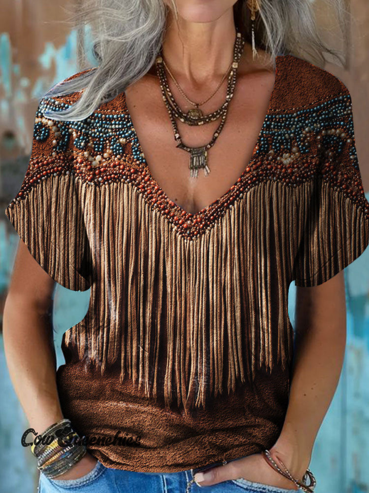 Vintage Printed Casual V-neck T-shirt Multicolor / S