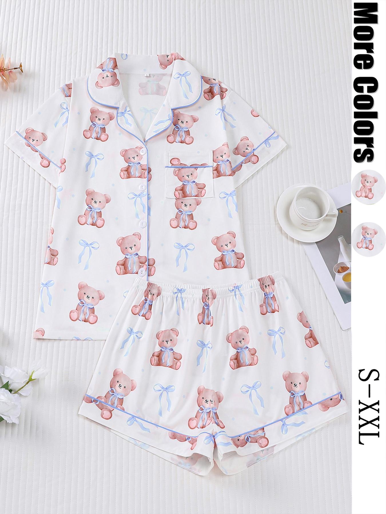 Women's Bear Print Knit Short Sleeve Top & Elastic Waist Shorts Pajama Set, Casual Fit Comfy Soft Cute Shirt & Shorts Loungewear Set, Ladies Sleepwear for Summer Pjs