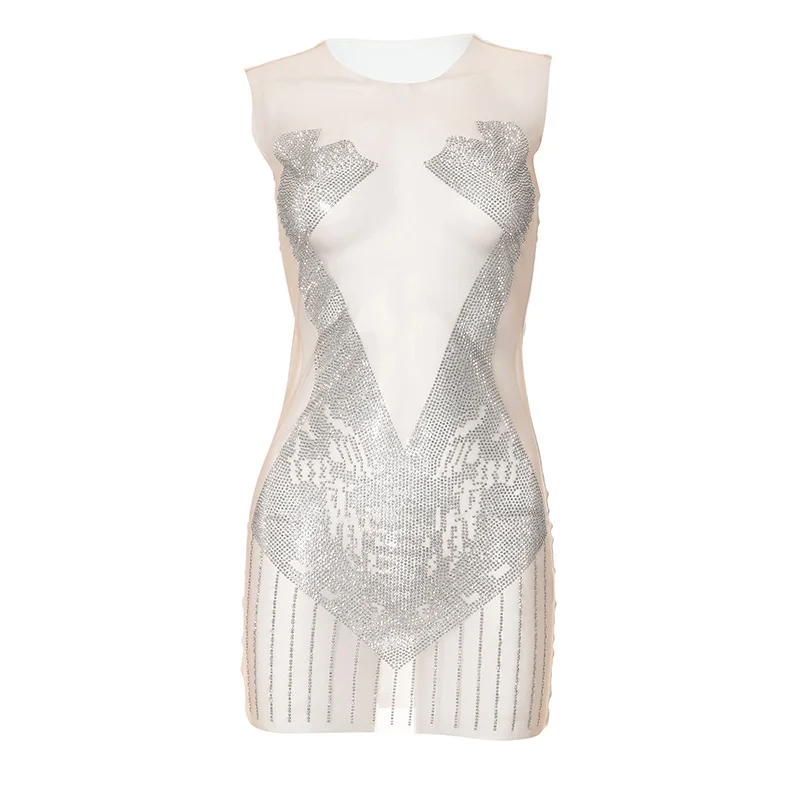 Brownm Brownm Women's Summer New Round-Neck Sleeveless Splicing Mesh Mesh Sexy Hollow Hot Diamond Dress