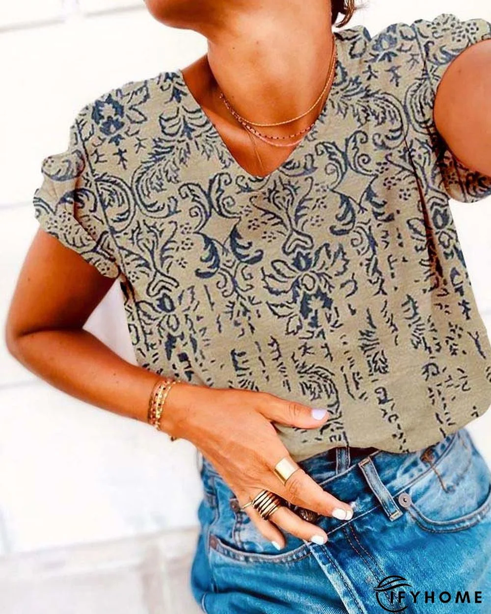 Paisley  Short Sleeve Printed Cotton-blend Crew Neck Vintage Summer  Beige T-Shirt | IFYHOME