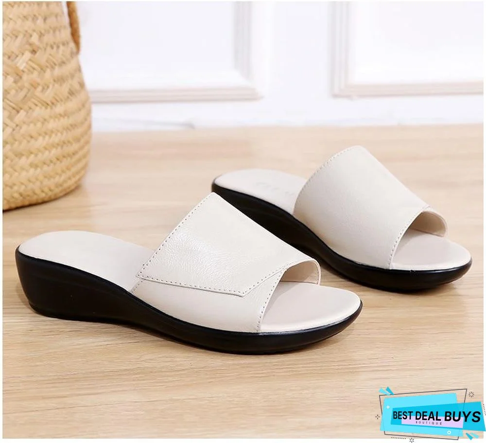 Women Genuine Leather Flip Flops Wedges Platform Sandals Shoes