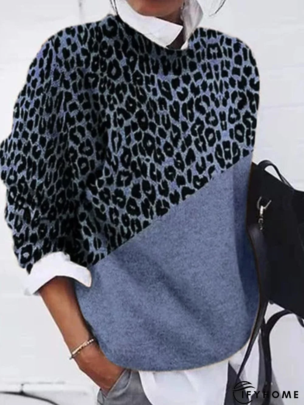 Khaki Leopard Print Color-Block Long Sleeve Sweater | IFYHOME