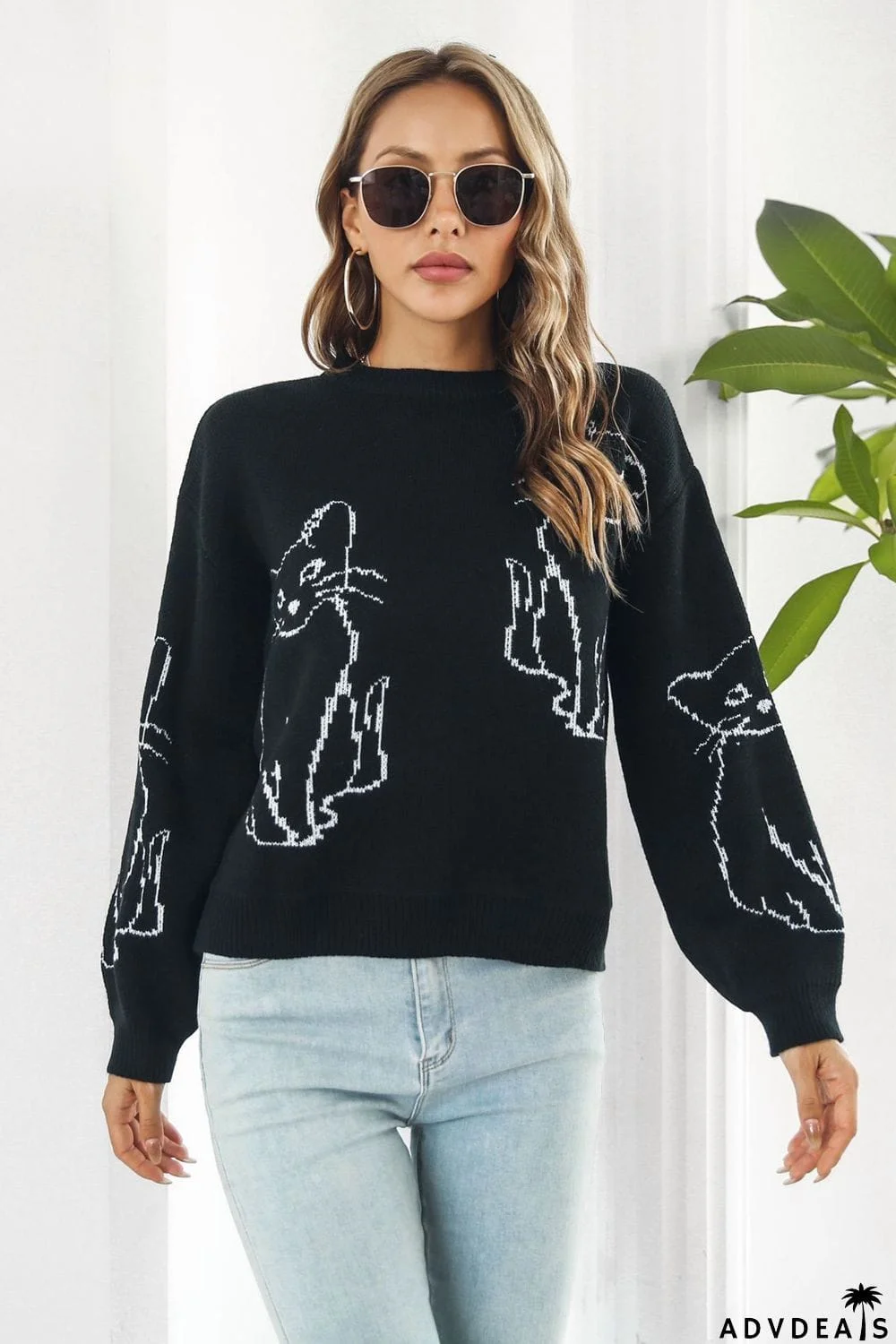 Cat Pattern Round Neck Long Sleeve Pullover Sweater