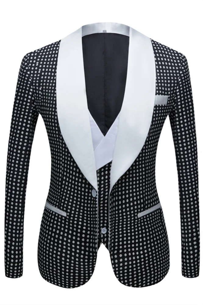 Daisda Modern Black Dot Slim Fit Shawl Lapel Wedding Suit For Men