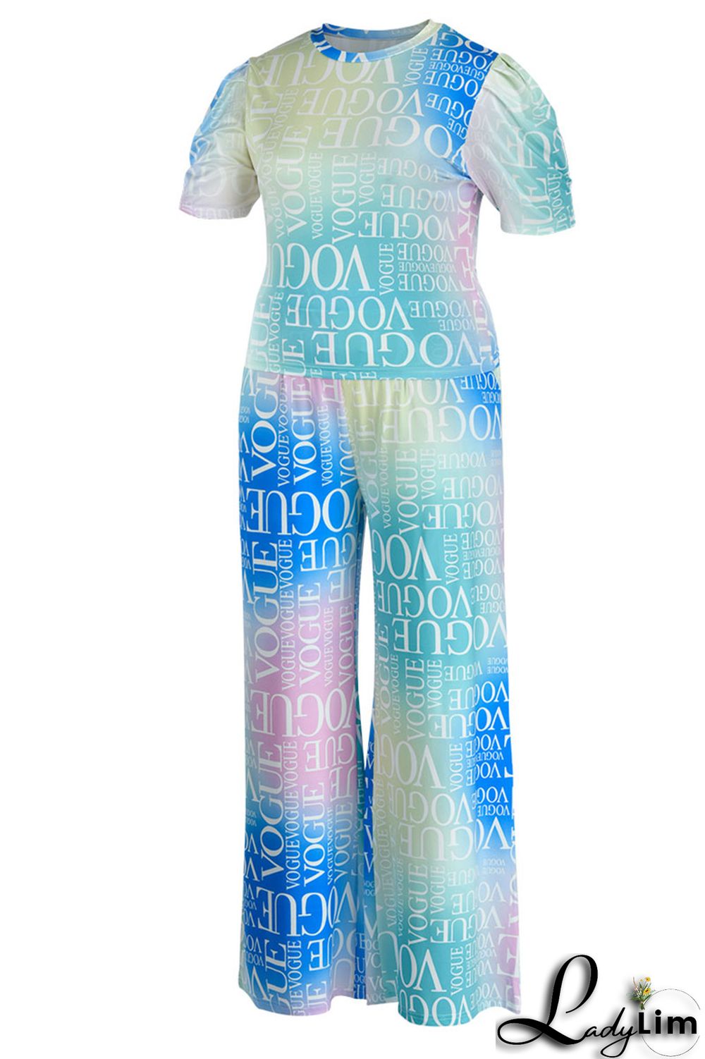 Cyanine Casual Print Patchwork O Neck Plus Size Two Pieces