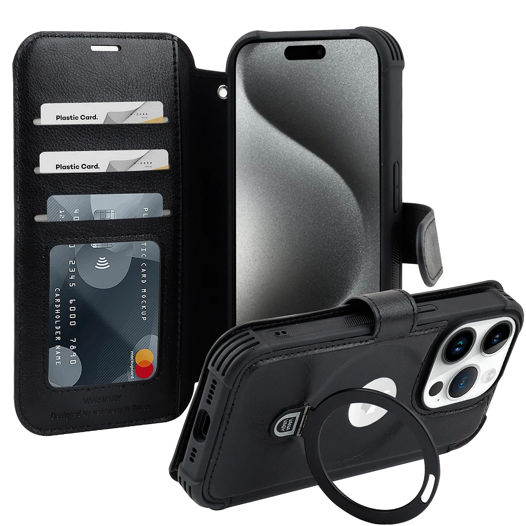 VANAVAGY Wallet Case for iPhone 15 Pro Case Magnetic Ring Holder Flip Shockproof Leather Phone Case