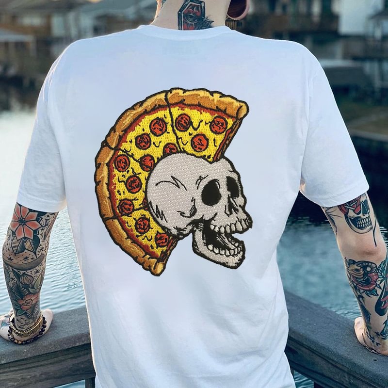Pizza And Skull Funny Printed Men's T-shirt -  