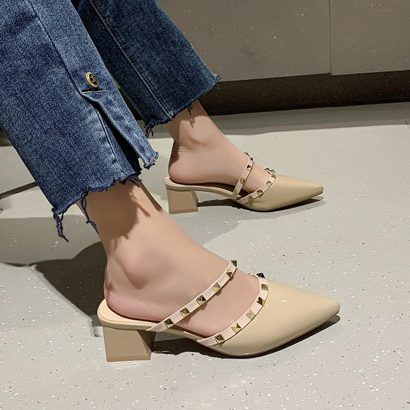 Qengg Willow Nails Half Slippers Thick Heel 2022 New Summer White with Pointed Toe Outside Wearing Lazy High-heeled Women Shoes