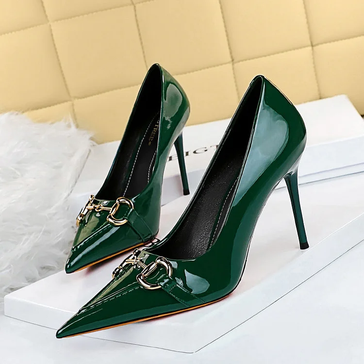 Fashion Stiletto-heeled Shiny Shallow Pointed Metal Buckle Shoes