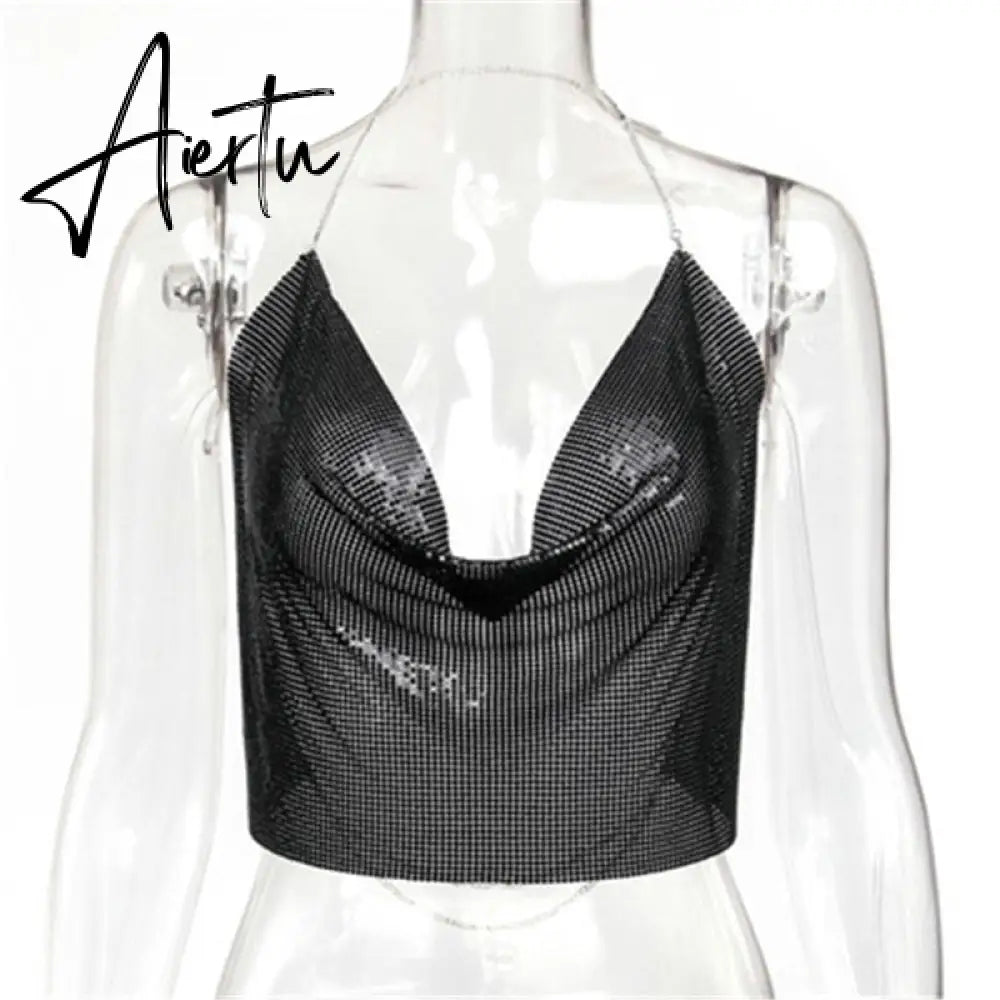 Fantoye Sexy Backless Nightclub Halter Women Camis Tops Gold Metal Chain Fashion Camis Tops Ladies Autumn Skinny Party Clubwear Aiertu