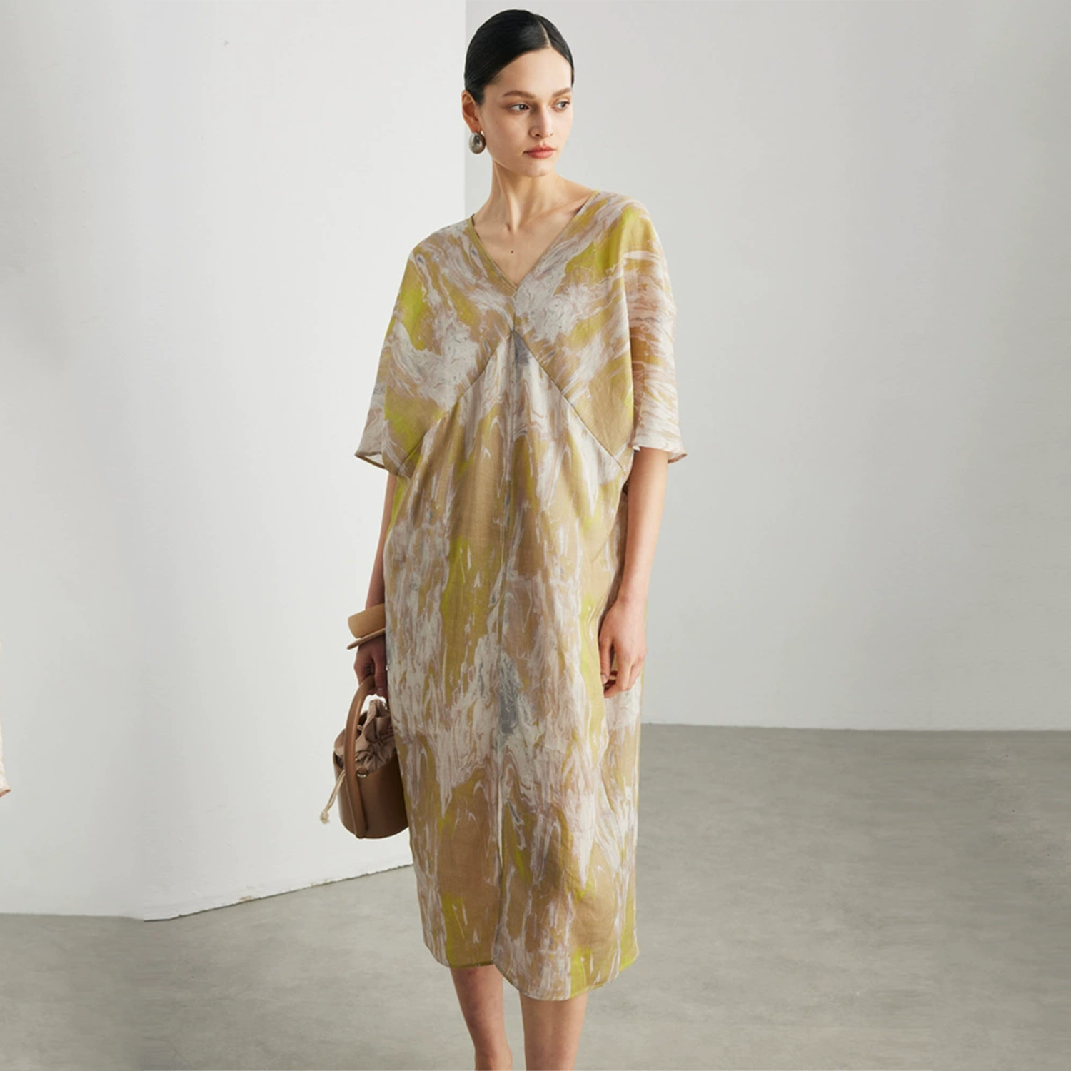 Linen Midi Dress Women 100% Ramie Marble Print Tie Waist Summer Dress REAL SILK LIFE