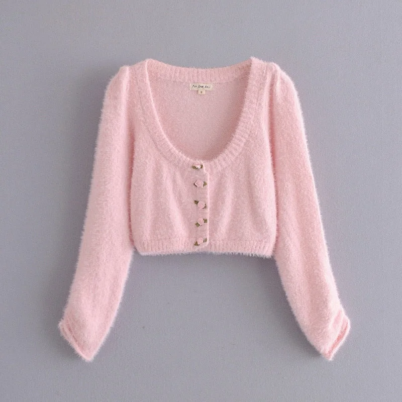 Evfer Cute Lady Fashion Rose Flower Button Pink Autumn Knitted Cardigans Sweet Women French Style V-neck Mohair Short Sweaters
