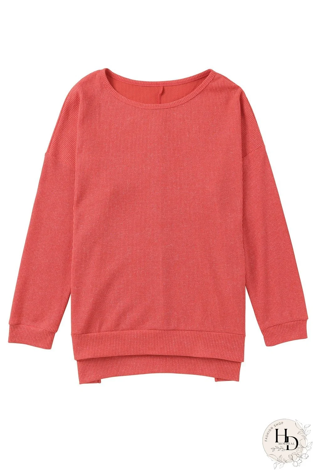 Washed Red Waffle Knit Side Slit Long Sleeve Top