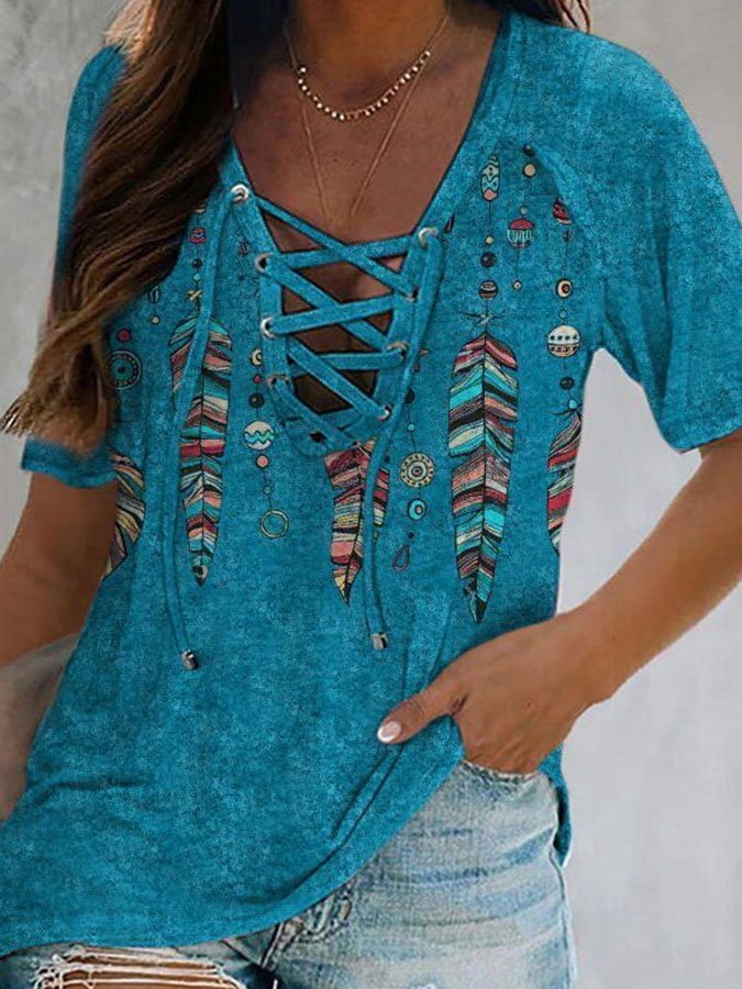 Ethnic Print V-Neck Tie Short-Sleeved T-Shirt