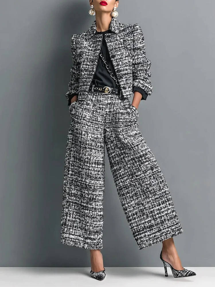 Tweed Print Blend Single-Breasted Cropped Jacket And Wide-Leg Pants Set