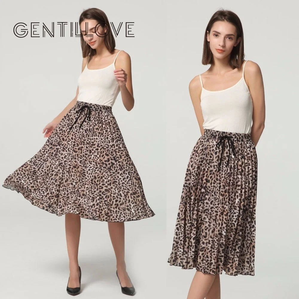 Gentillove Vintage Leopard Print Drawstring Tie Elastic Waist Skirts Women Casual Midi Skirt Female Summer Skirts 2019 Fashion