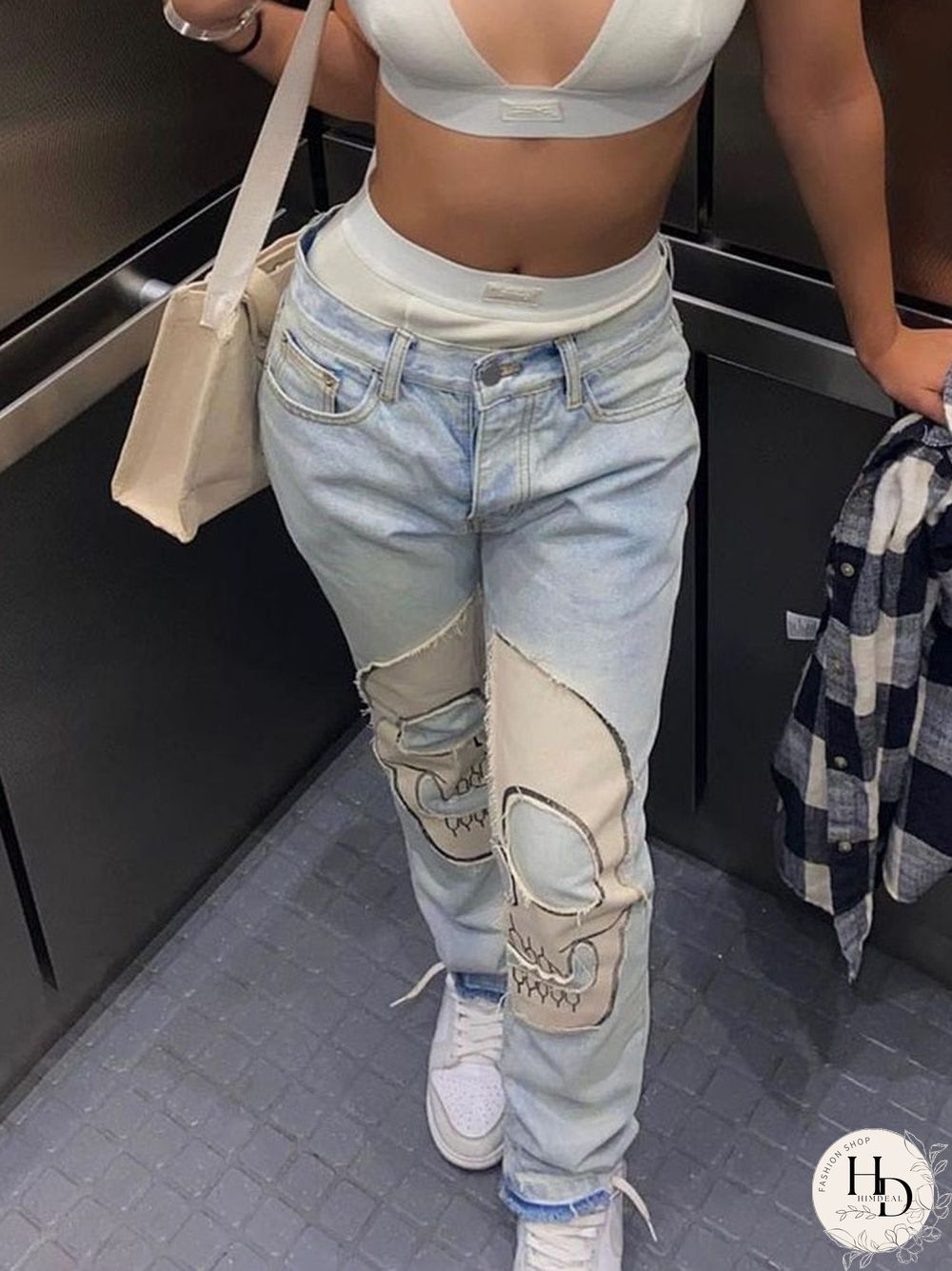 Back To School Outfit  Skeleton Patterned Low Waist Jeans Women Harajuku Streetwear Retro Fairycore Grunge Pants Cyber Y2K Black Denim Trousers