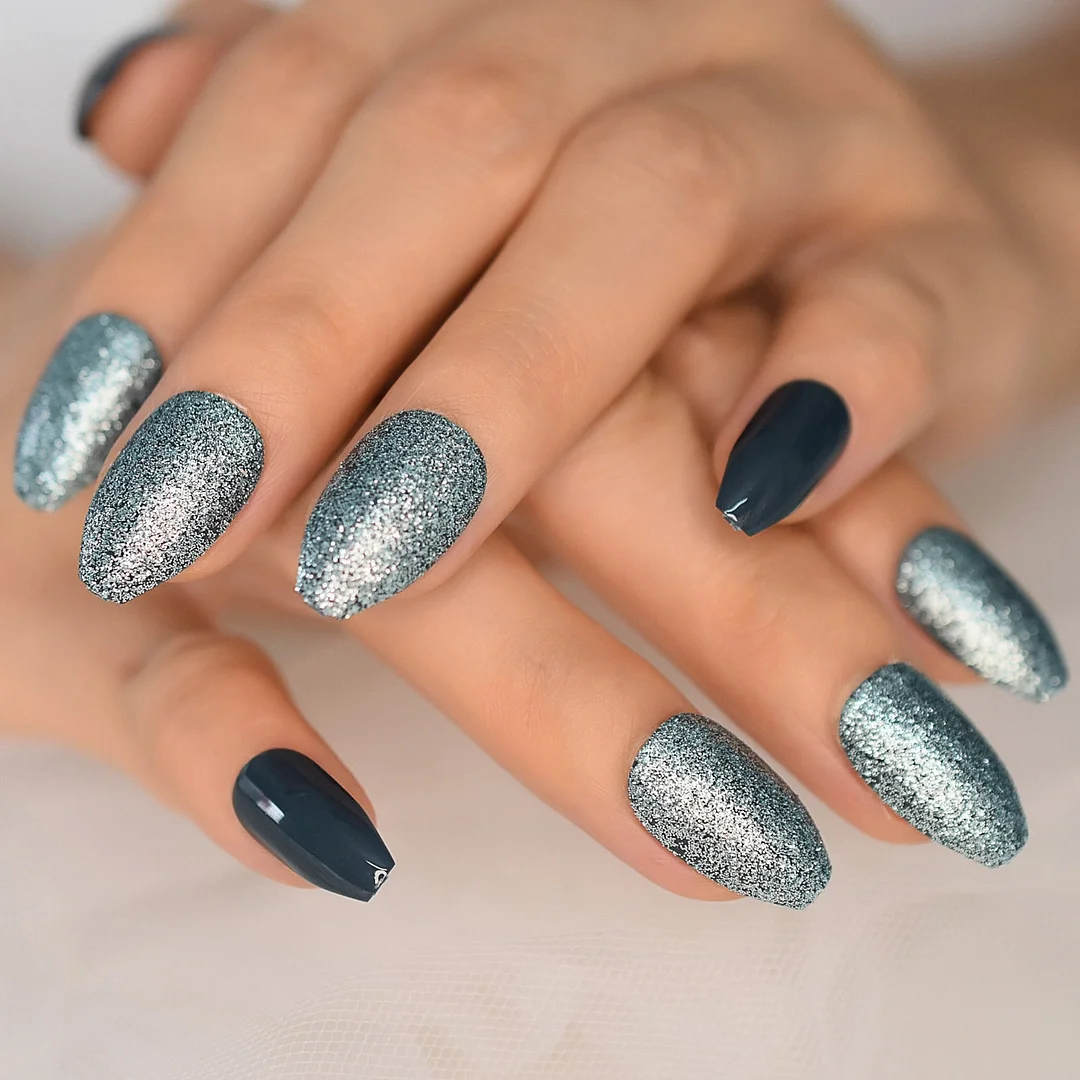 Gray Fadeing Glossy Press On Nails Almond Sharp Medium-Long Simple Design Gels Nails Supplies Full Cover Fingernails Wholesale-Nail Inspo