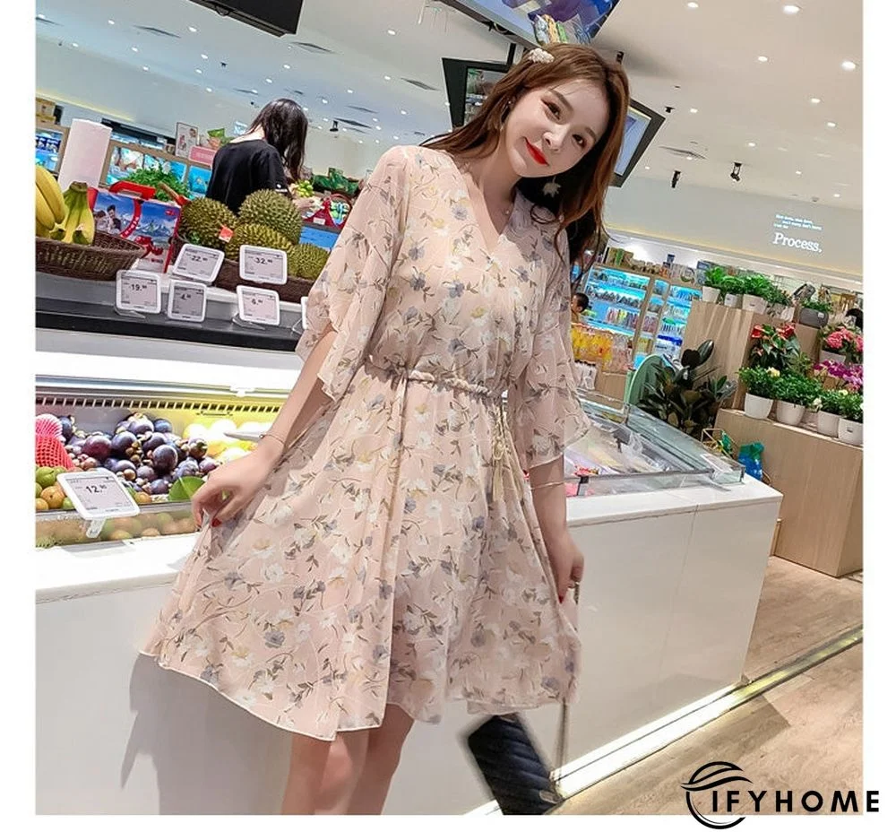 Spring Summer Chiffon Women V-Neck Floral Print Short Dresses Sweet Ruffle Sleeeve Slim Drawstring Ladies Dress | IFYHOME