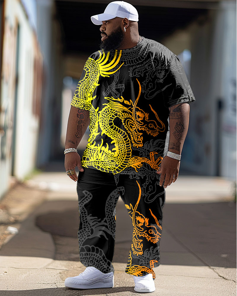Men's Plus Size Gradient Dark Dragon Totem Print T-shirt Trousers Suit