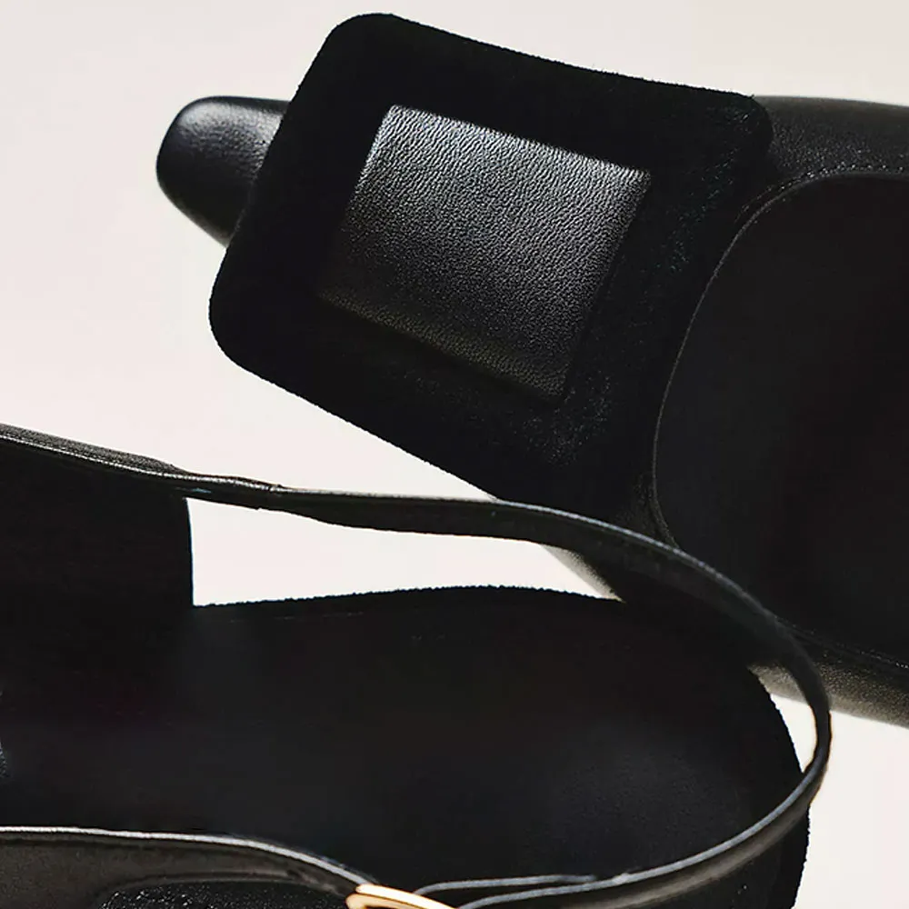 Black Faux Leather Pointed Toe Kitten Heel Buckle Slingback Pumps
