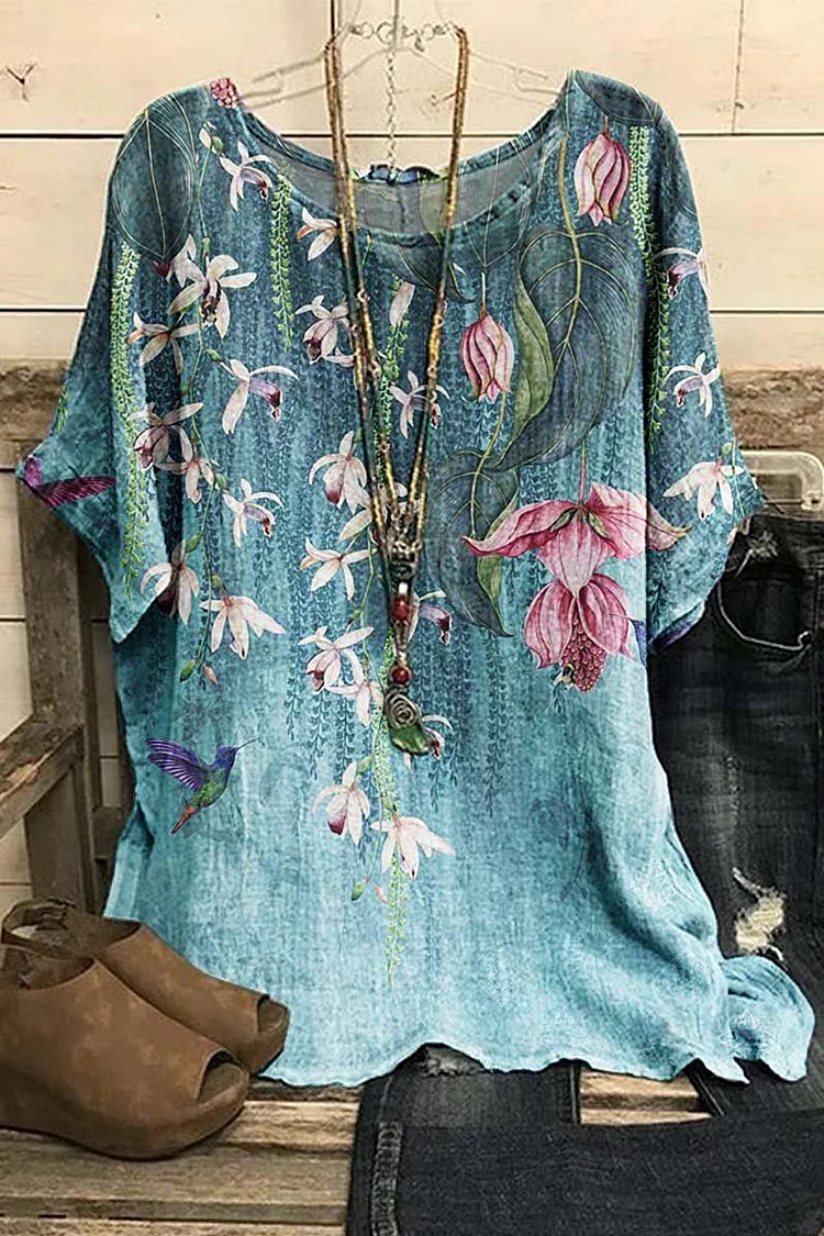 Flycurvy Plus Size Casual Peacock Blue Linen Plant Floral Print Round Neck Blouse  Flycurvy [product_label]