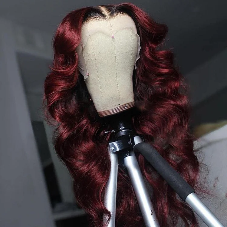 Black Roots Vibrant Burgundy Loose Wave Lace Frontal Wig