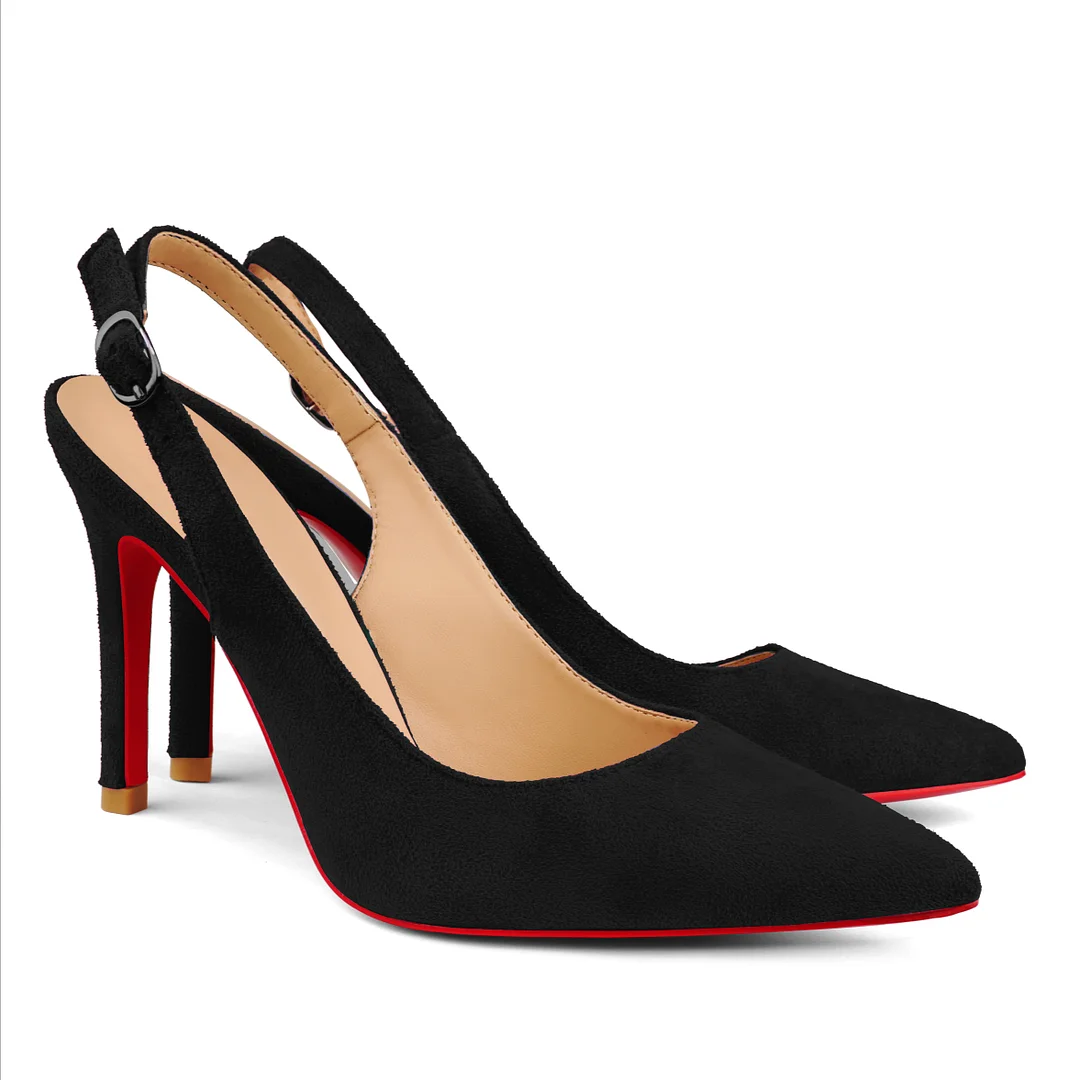90mm Middle Heels Pointy Toe Red Bottom Slingback Pumps Suede-vocosishoes