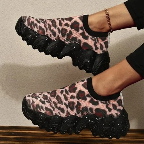 2021 Women Platform Sneakers Slip-on Elastic Band Vulcanized Female Leopard Sport Shoes Ladies Summer Footwear Plus Size