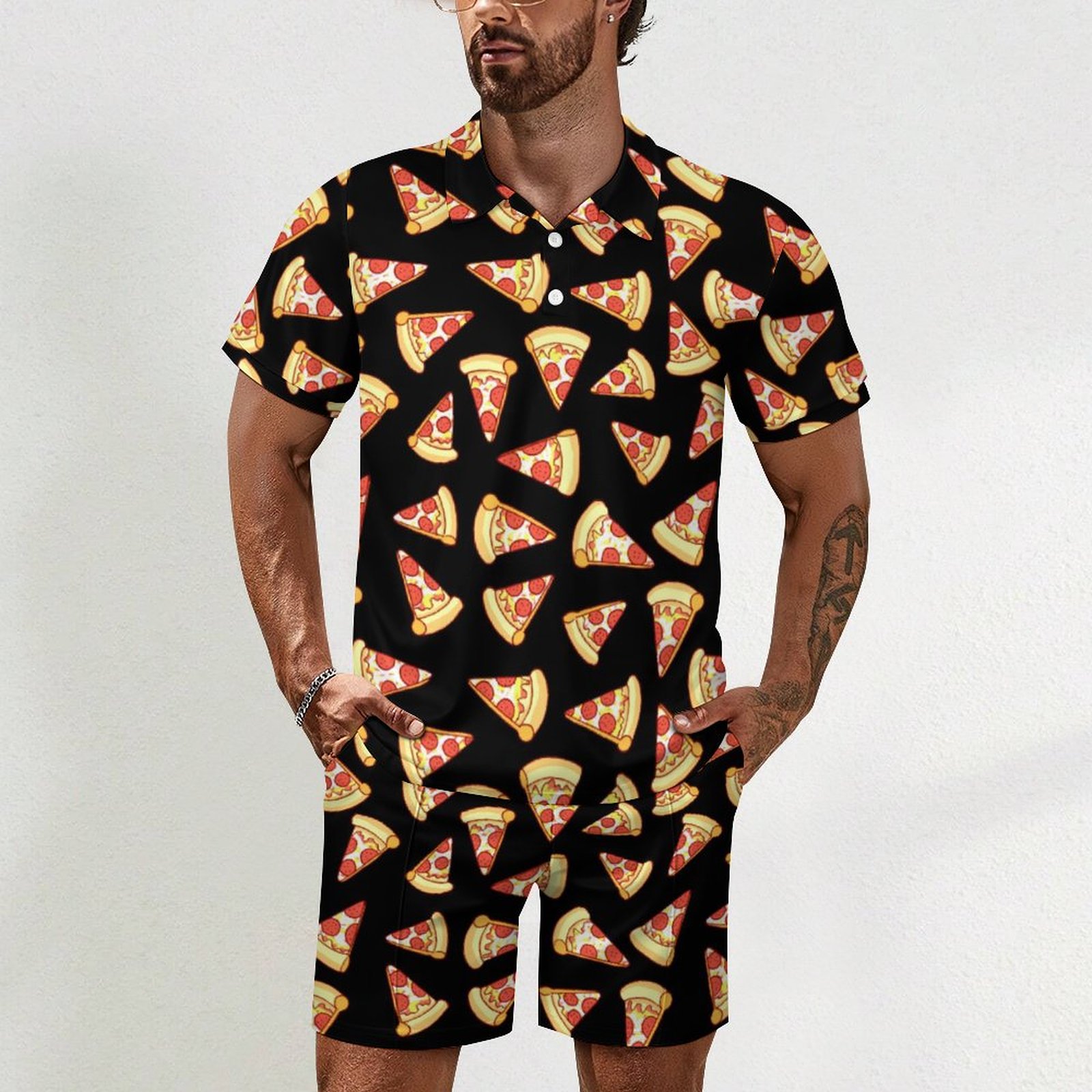 Pepperoni Pizza Slice Drawing Pattern Summer Beach Tropical Hawaii Suits Guys Short Sleeve Beach Shirt Shorts Set Tracksuit