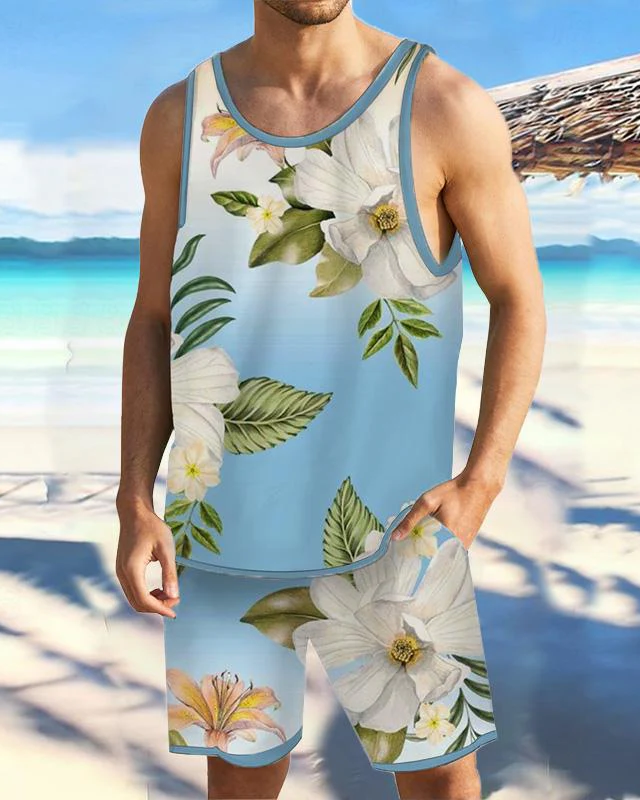 Men's Casual Resort Printed Vest Set 012