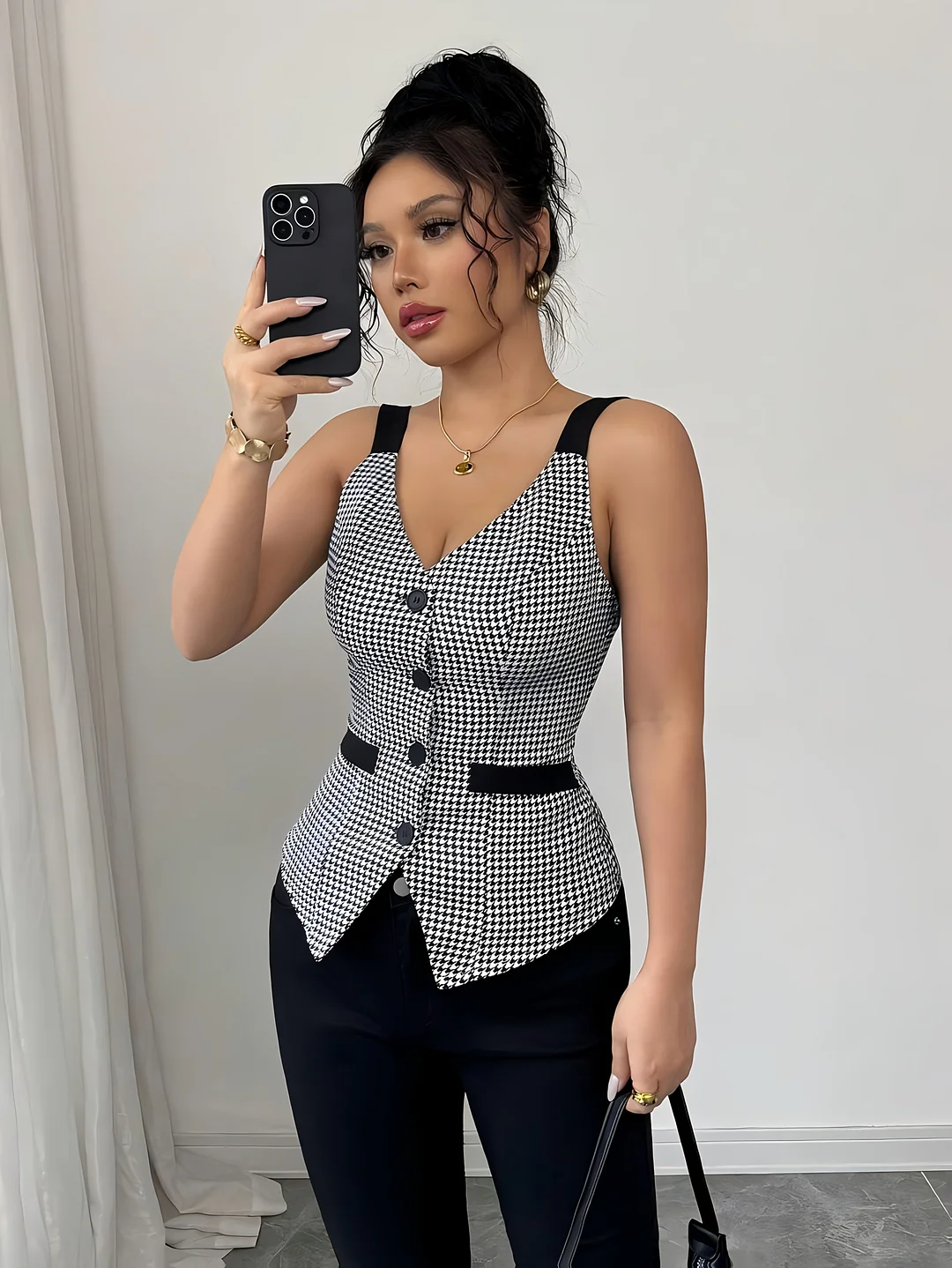 Women's Summer Houndstooth Print Single-Breasted Slim-Fit Elegant Shirt - Black & White Contrast Trim, Open Collar, Machine Washable Non-Stretch Fabric For Casual & Formal Wear, Trendy Chic Blouses, Sophisticated Tailoring | IFYHOME