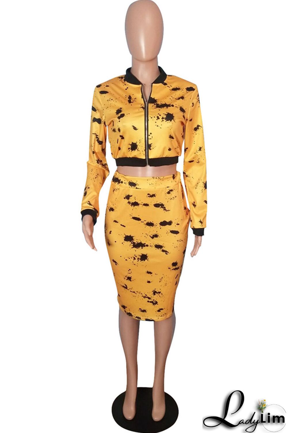 Purple Fashion Casual Print Basic Zipper Collar Long Sleeve Two Pieces