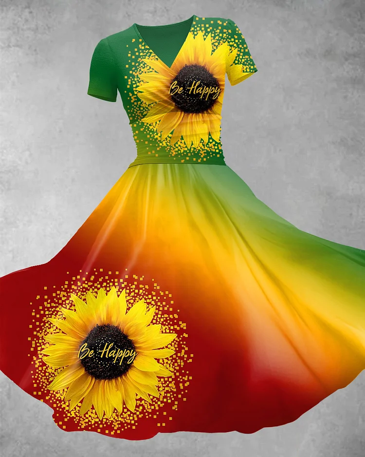 V Neck Sunflower Reggae Color Blocking Maxi Dress