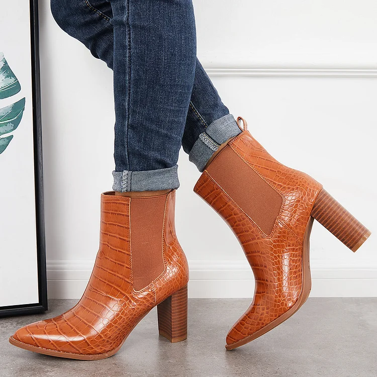 Slip on High Stacked Heel Chelsea Booties Pointed Toe Ankle Boots