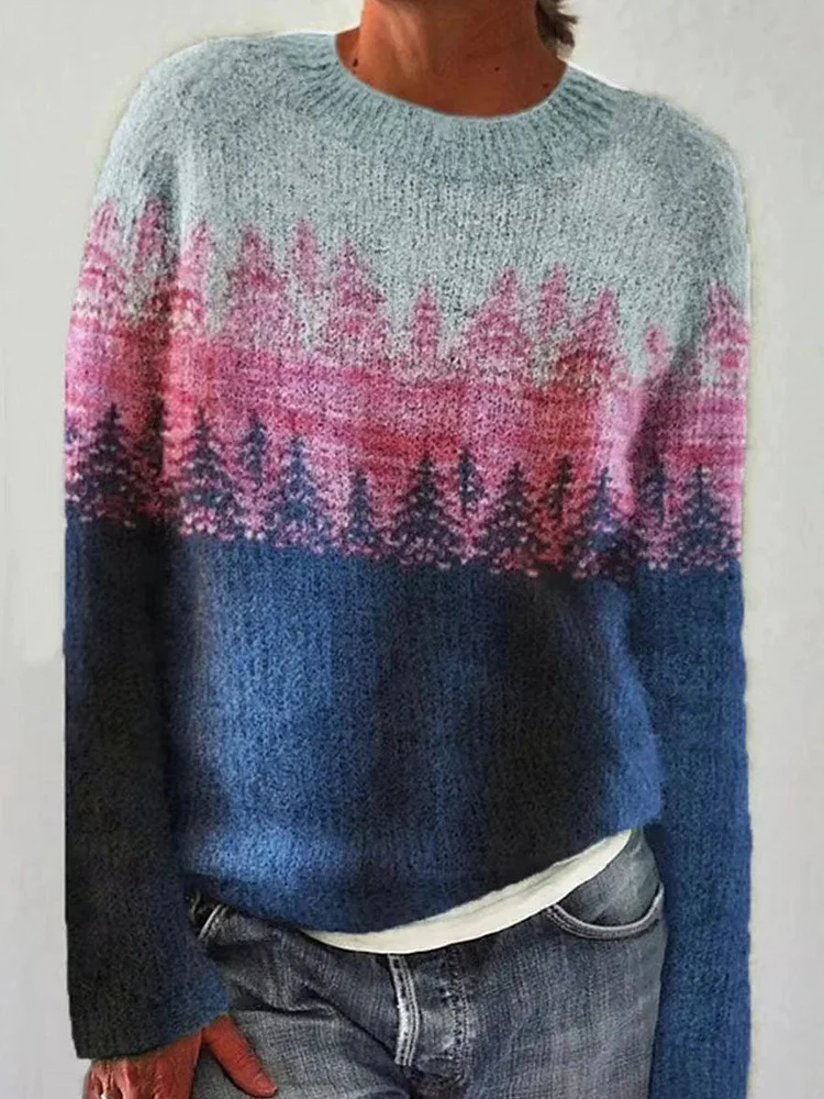 Retro Art Print Casual Pullover Sweater