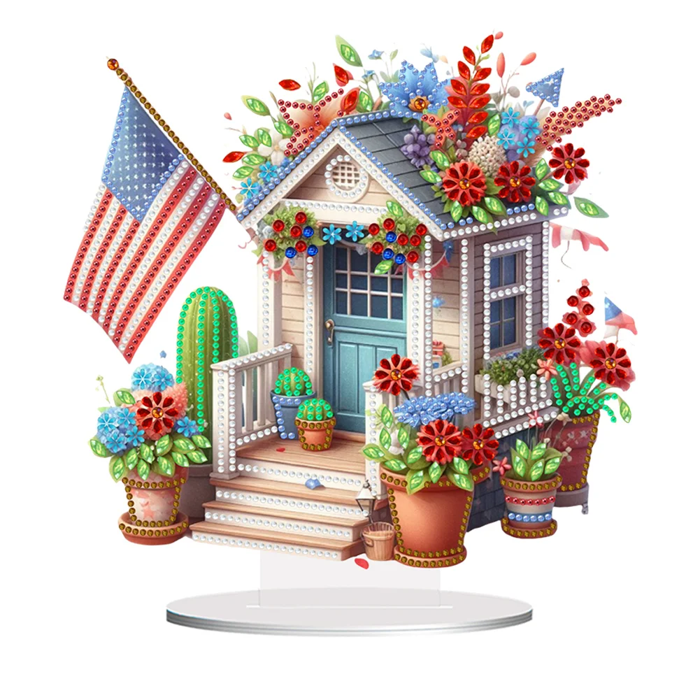 DIY American Flag House Special Shape Diamond Painting Desktop Home Ornament