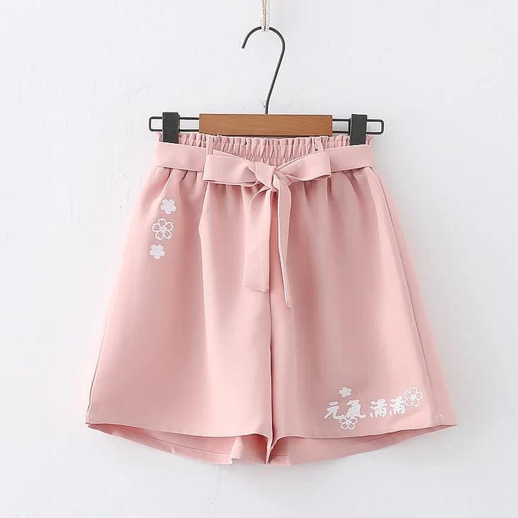 Pure Color Lace Up Sakura Print Wide Leg Shorts - Modakawa modakawa