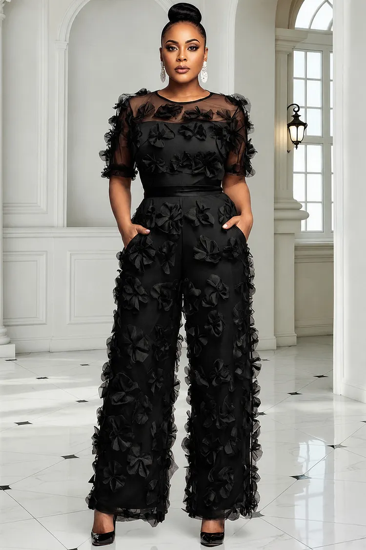 Xpluswear Design Plus Size Cocktail Party Black Round Neck Short Sleeve 3D Pocket Tulle Jumpsuits [Pre-Order] 2024 - Xpluswear