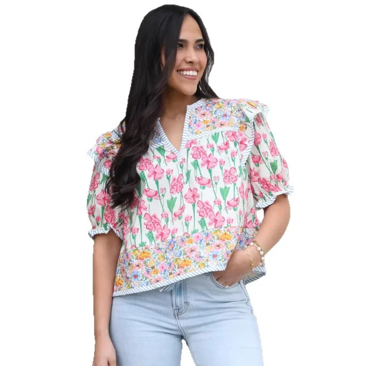 Athvotar Athvotar Summer New Women's Small Fresh Print Flowers Short-Sleeved Leisure Commute OL Top Women's Clothing